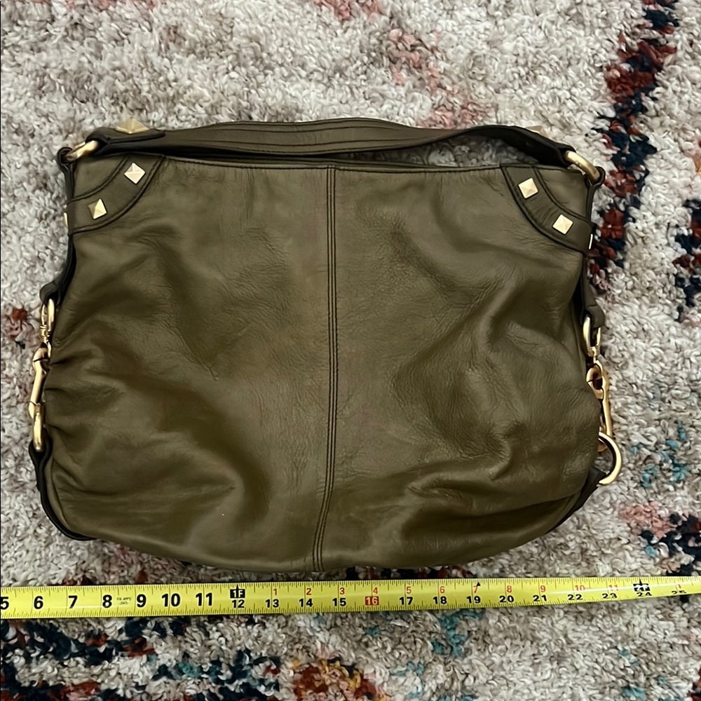 B. Makowsky Green and Gold Shoulder Bag with Relaxed Design
